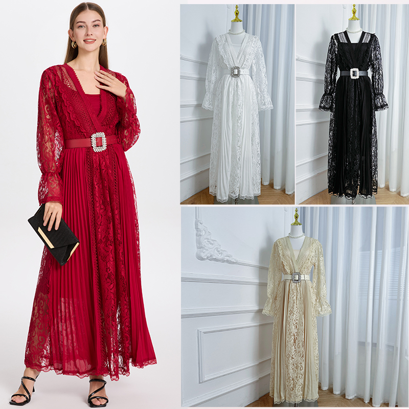 Real shot of Heavy Industry Chiffon Splicing Lace Two piece Set with Palace Style and Crystal Belt Dress