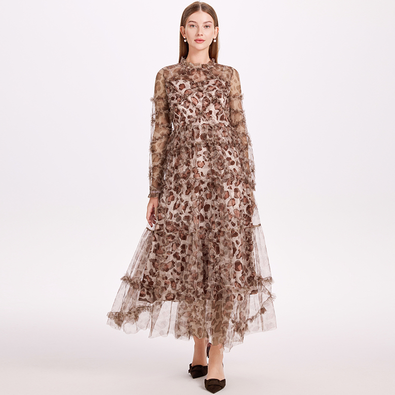 Real time shooting of heavy-duty French mesh leopard print large skirt with black fungus waist cinching and vacation fairy skirt