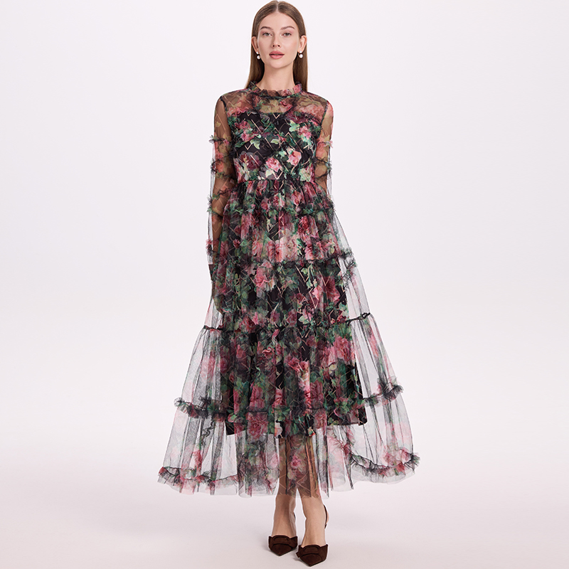 Real time shooting of high-quality heavy-duty French mesh printed large swing waist collection travel fairy skirt Real time shooting of high-quality heavy-duty French mesh printed large swing waist collection travel fairy skirt