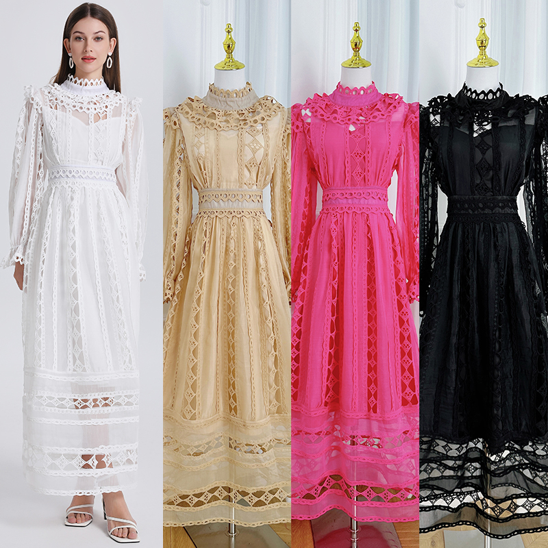 Real shot palace style heavy industry lace hollow embroidery solid color French long dress with waist cinching temperament dress