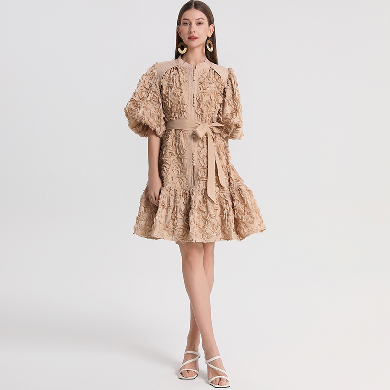 Real shot short heavy-duty three-dimensional rose solid color loose fit European and American temperament dress Real shot short heavy-duty three-dimensional rose solid color loose fit European and American temperament dress