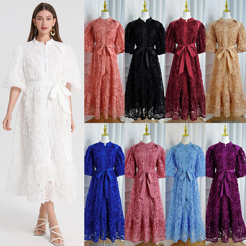 Real shot Heavy Industry 3D Rose Solid Color Loose Edition European and American Style Dress