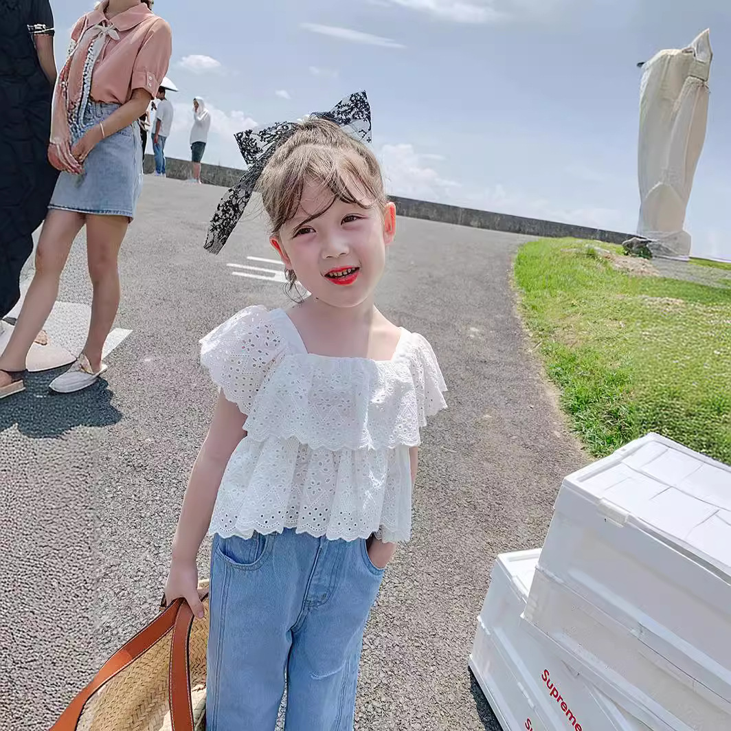 Ancorelala summer new girls' set romantic lace top with denim straight leg pants two-piece set