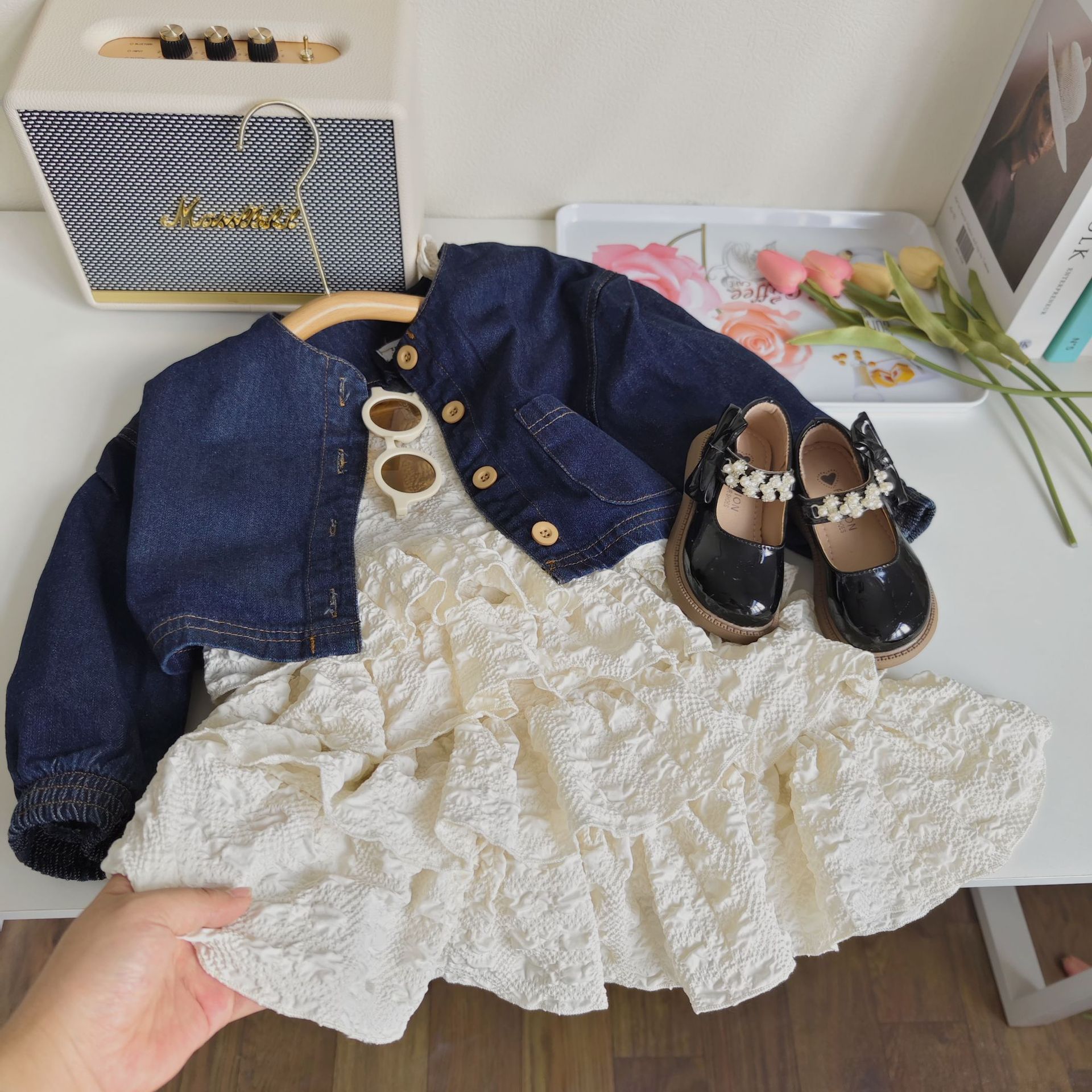 Ancorelala 2023 Autumn New Fashion Girls' Set Cute Strap Cake Dress with Cowboy Coat