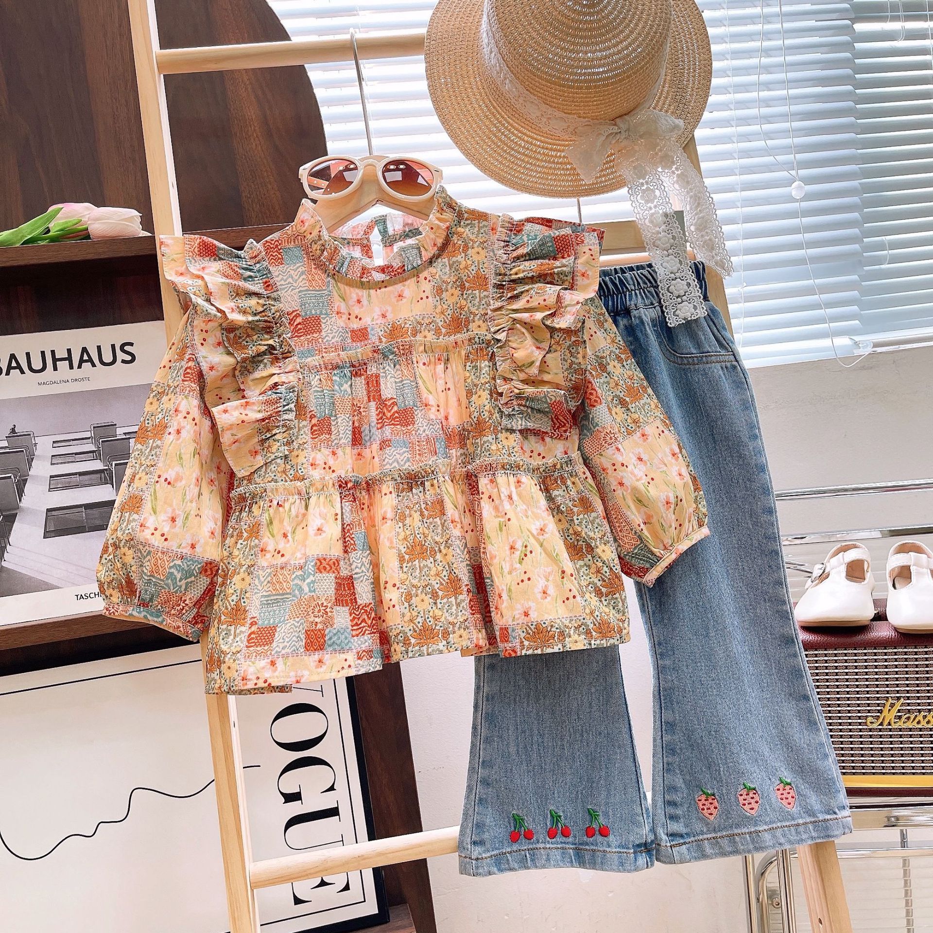Ancorelala 2025 Spring and Autumn New Women's Clothing Fashion Women's Treasure Floral Doll Shirt and Jeans Set