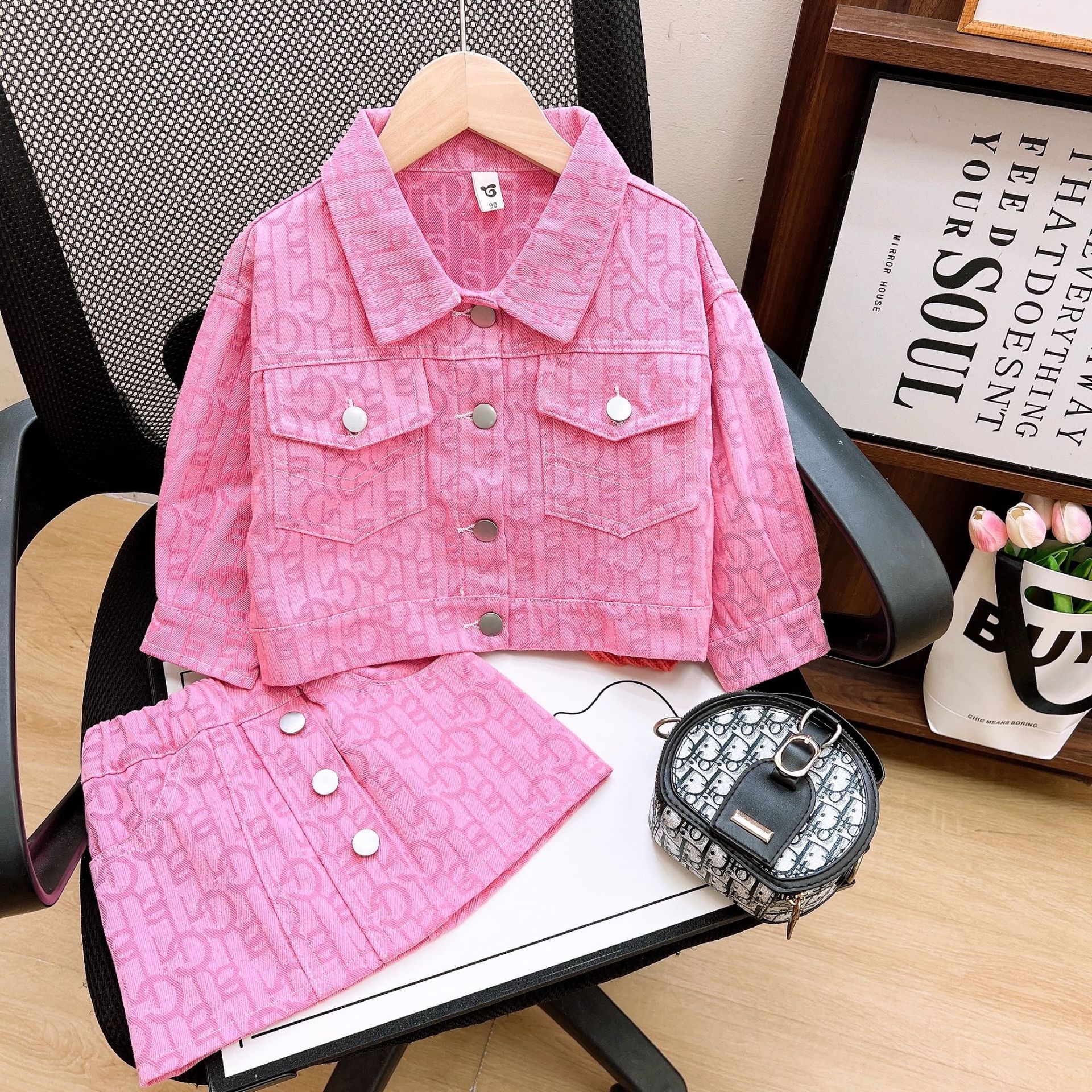 2430Q Girls' 2025 Autumn and Winter New Children's Clothing Fashion Pink Jacquard Cowboy Coat and Skirt Set