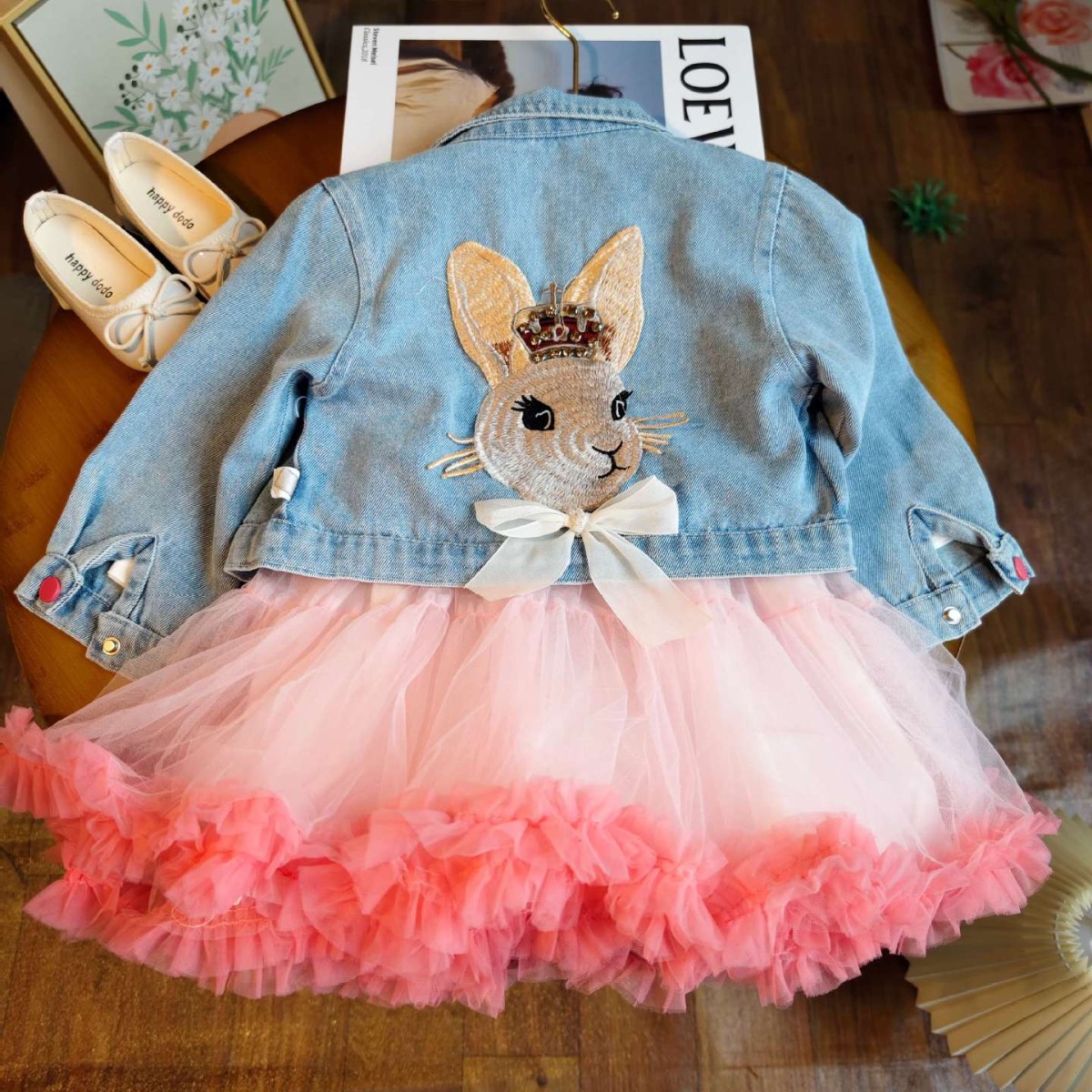 Ancorelala Spring and Autumn New Cute Princess Set for Girls, Mesh Princess Dress with Cowboy Coat