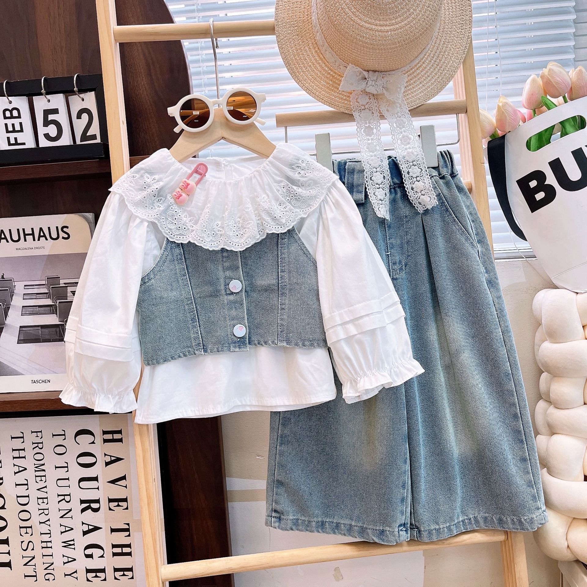 Girls' Spring Set 2025 New Style Children's Lace Collar Shirt Cowboy Vest Pants Spring and Autumn Three Piece Set