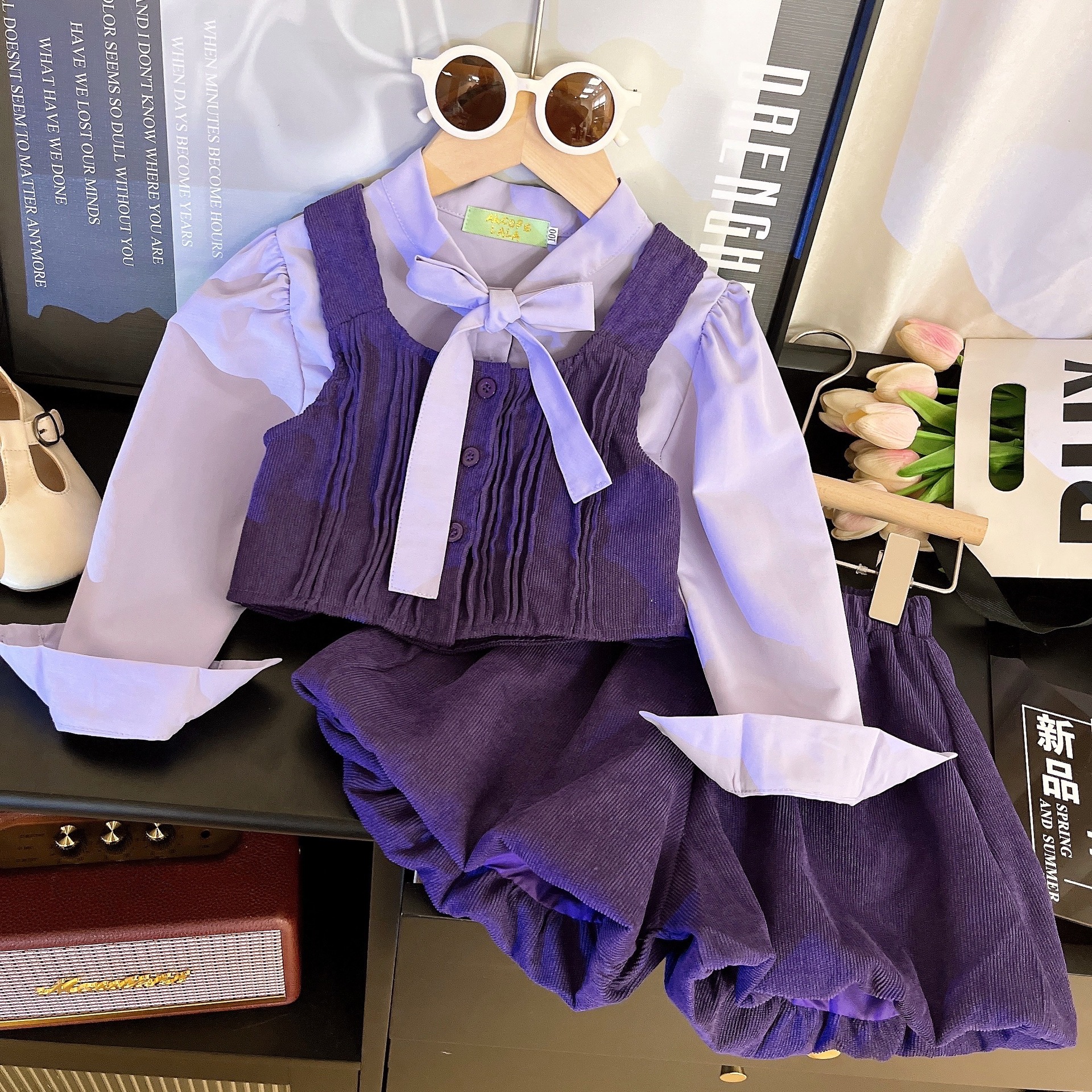 2025 Cross border Girls' New Three piece Set for Baby Girls Korean Edition Long sleeved Shirt Tank Top Shorts Three piece Set