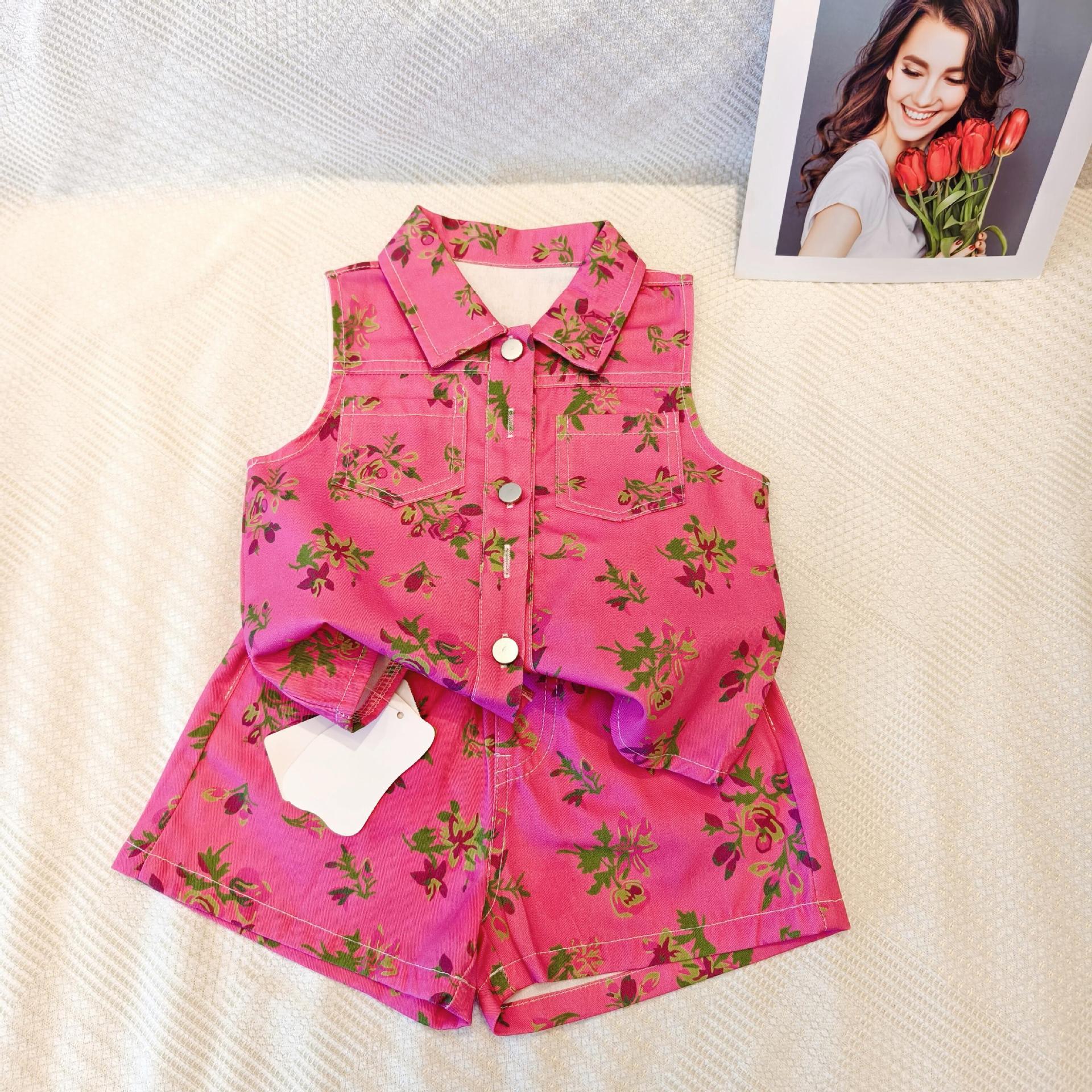 Girl's 2025 summer cute sleeveless printed top and shorts two-piece set cross-border popular fashion children's clothing set