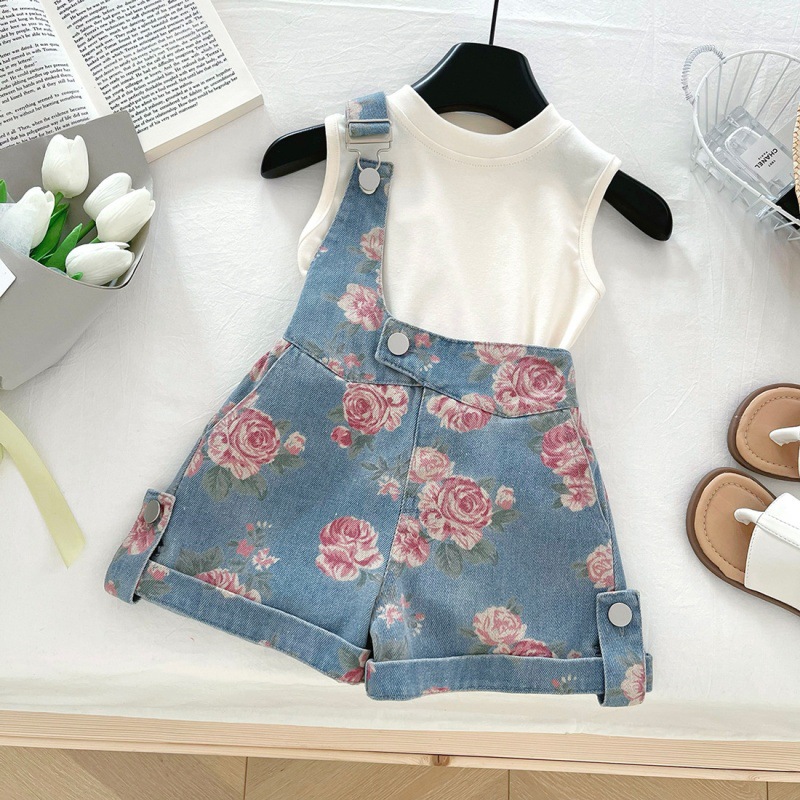 Girls' 2025 Summer New Set Sleeveless Top with Printed Denim Shorts Two Piece Set for Women's Treasure Fashion Set
