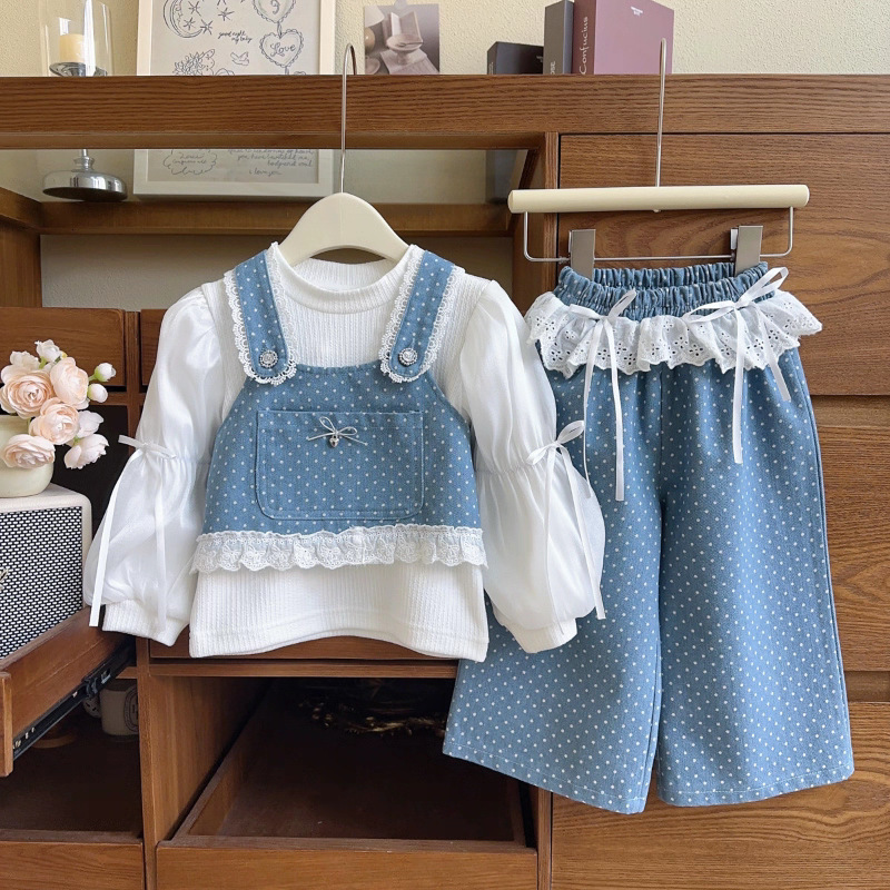 Women's clothing 2025 autumn new collection, polka dot denim three piece set, cute and fashionable women's treasure set, cross-border children's clothing