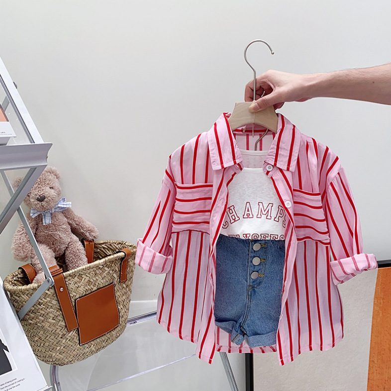 2025 Summer New Children's Fashion Korean Edition Small and Medium sized Girls' Striped Long sleeved Shirt+Tank Top Pants 3-Piece Set