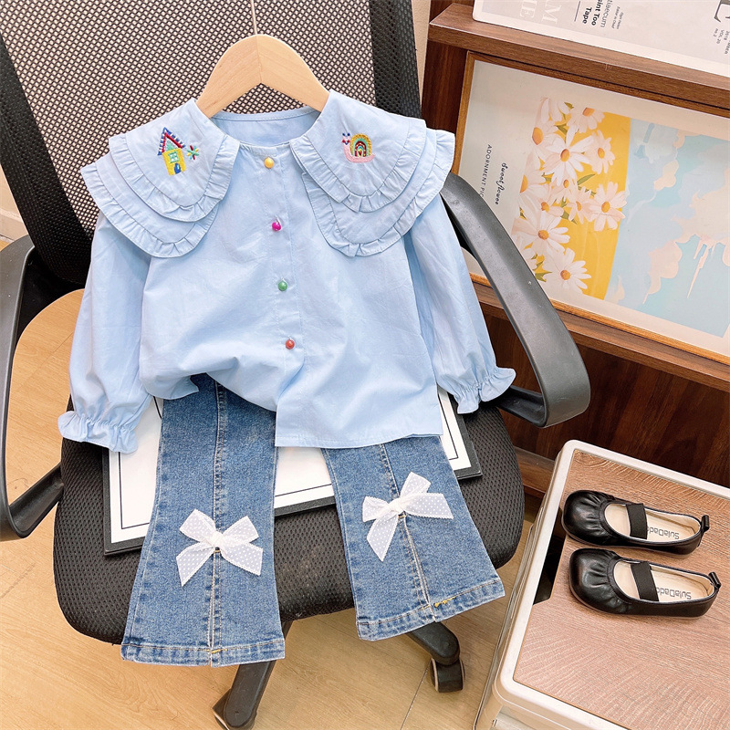 2435Q Girls' Spring/Autumn 2025 New Cute Embroidered Collar Shirt and Jeans Two Piece Set for Children's Clothing