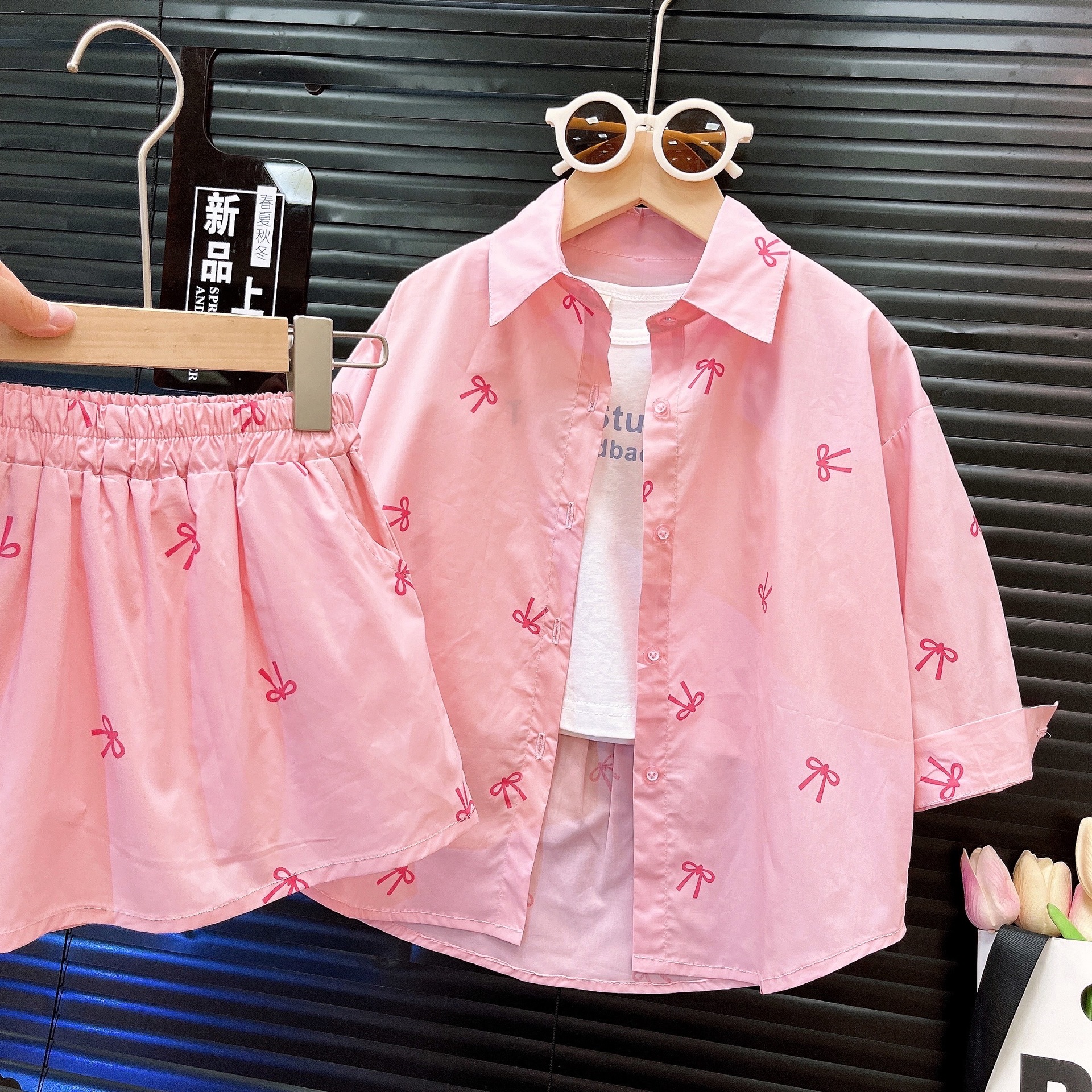 Ancorelala 2025 Spring and Summer New Girls' Bow Printed Shirt and Skirt Two Piece Set Fashionable