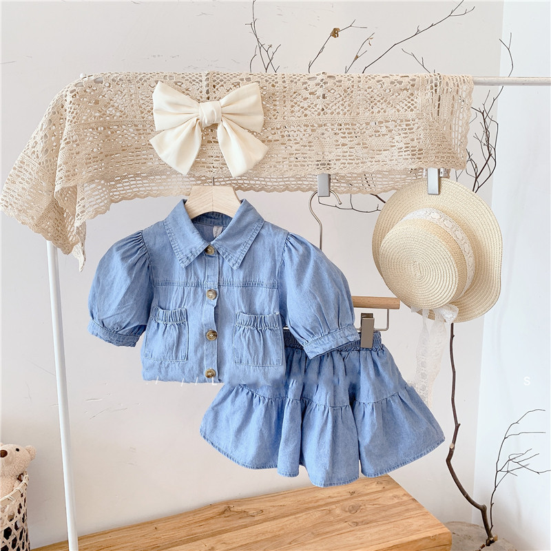 Ancorelala 2025 Summer New Collection Children's Clothing Girls' Fashion Cowboy Bubble Sleeve Top and Skirt Two Piece Set
