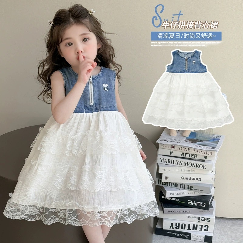 Girls' Dress Summer 2025 New Style Korean Baby Girl Cowboy Splicing Mesh Skirt Children's Tank Top Skirt