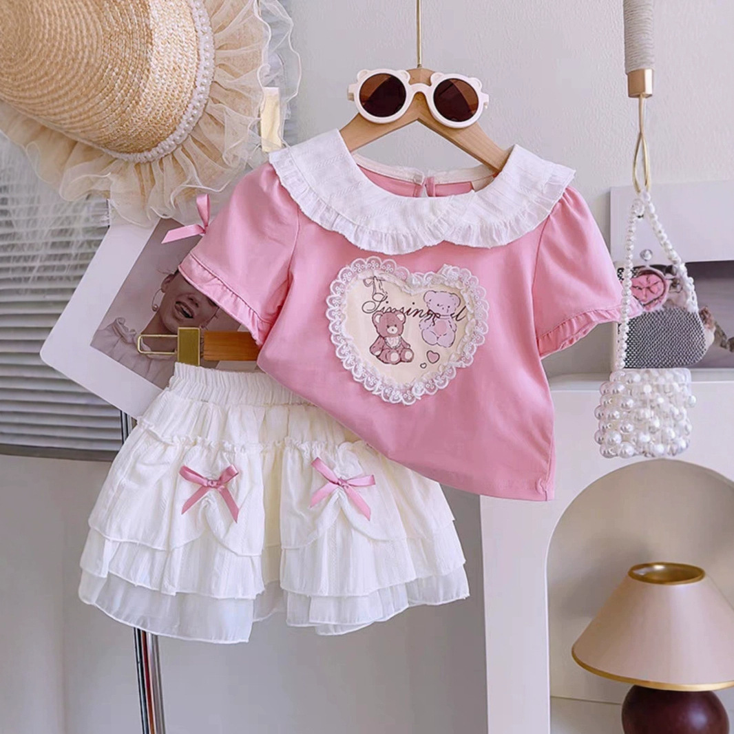 25006 Girls' 2025 Spring and Summer New Children's Clothing Cartoon Cute Printed Short sleeved Top and Skirt Two Piece Set