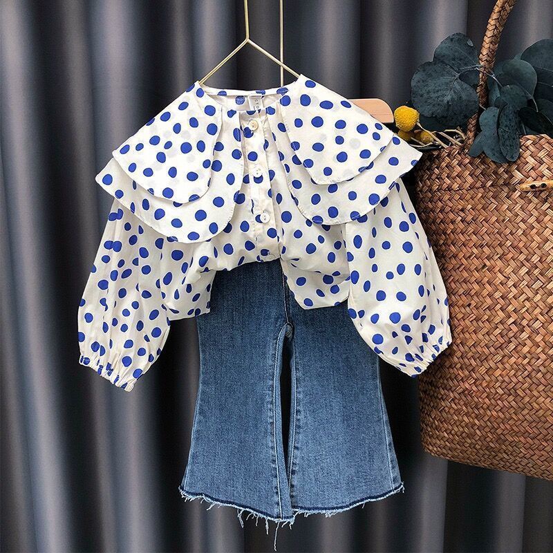 Ancorelala 2023 Spring and Autumn New Girl Cute Polka Dot Big Collar Shirt and Jeans Two Piece Set