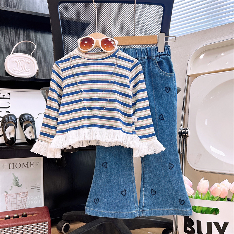 2025 girls' autumn new Korean version children's clothing striped fringe top base shirt with heart-shaped jeans two-piece set