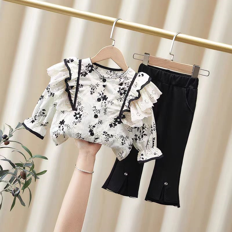 2433Q Girls' Spring/Autumn 2025 New Children's Clothing, Fashion Lace and Lace Shirt, Bell bottom Pants Set for Baby Girls