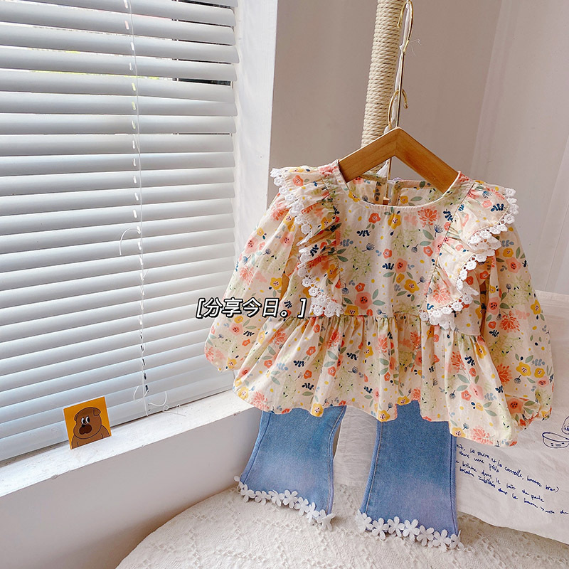 Ancorelala Autumn New Girls' Set with Floral Lace Top and Cowboy Bellbottom Pants Set