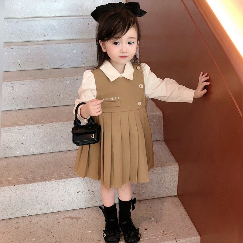 Ancorelala Autumn Baby Girl Korean Edition Fashion Academy Style Dress Fake Two Hundred Fold Dresses