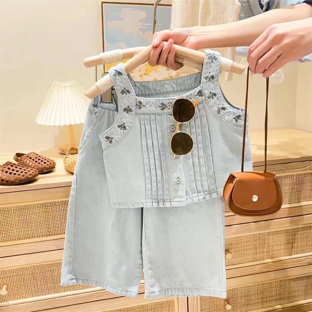 2025 Summer New Girl's Set Internet Celebrity Western Style Girl Summer Dress Thin Denim Tank Top Wide Leg Pants Two Piece Set