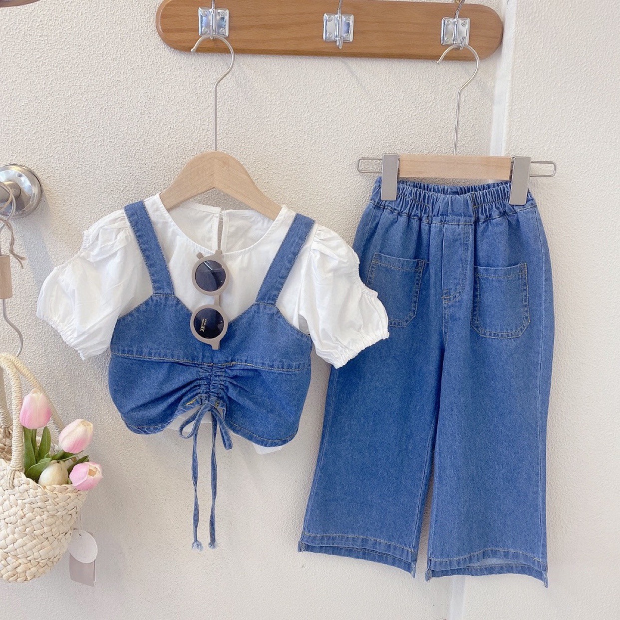 Ancorelala children's summer new girls' denim suit shirt with suspender and wide leg pants three piece set