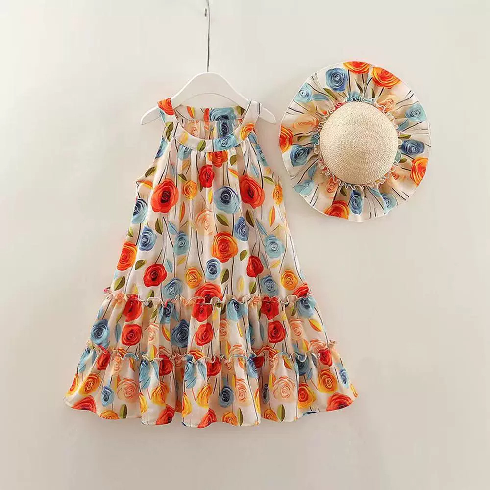 2025 Girls' Summer Dress Bohemian Vacation Style Hanging Neck Dress Cute Rose Dress Comes with Hat