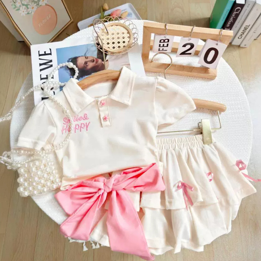 Ancorelala 2025 Summer New Women's Clothing and Baby Girl Cute Bow Polo Shirt with Skirt Set