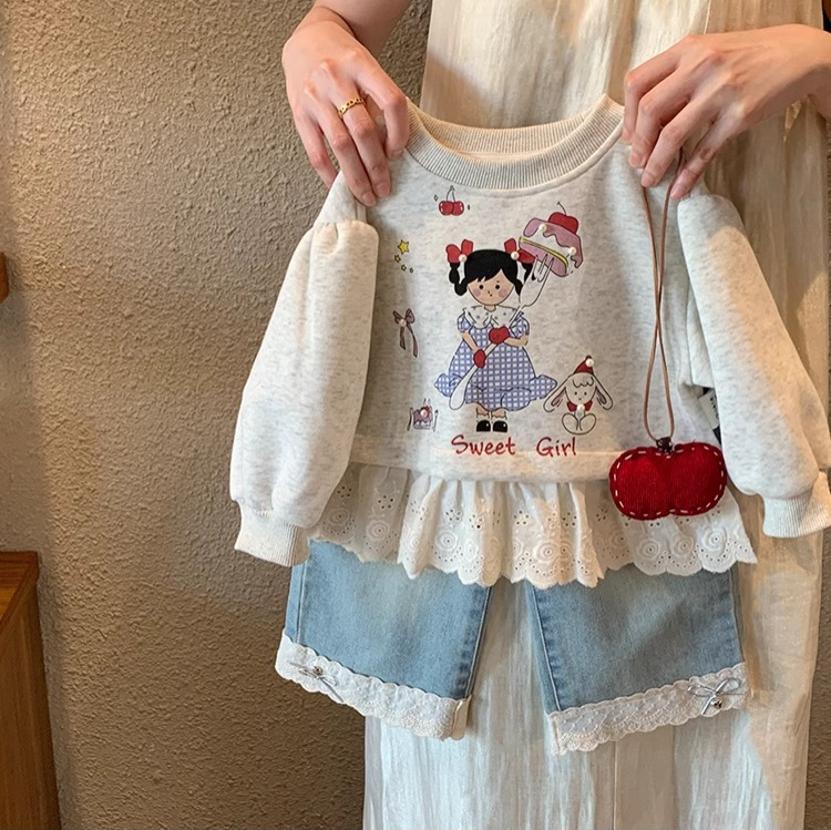 2025 autumn new cute children's clothing cartoon lace patchwork top with jeans two-piece set, stylish