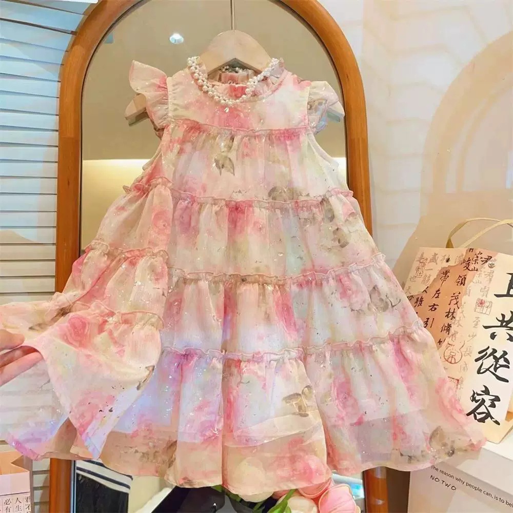 Girls' dress 2025 summer new children's floral dress, girls' mesh floral dress, women's treasure princess dress