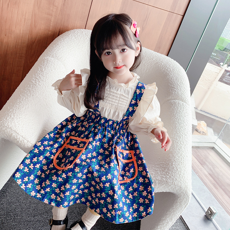 Ancorelala 2023 Autumn New Girl's Set Korean Edition Long Sleeve Shirt with Floral Strap Skirt Two Piece Set