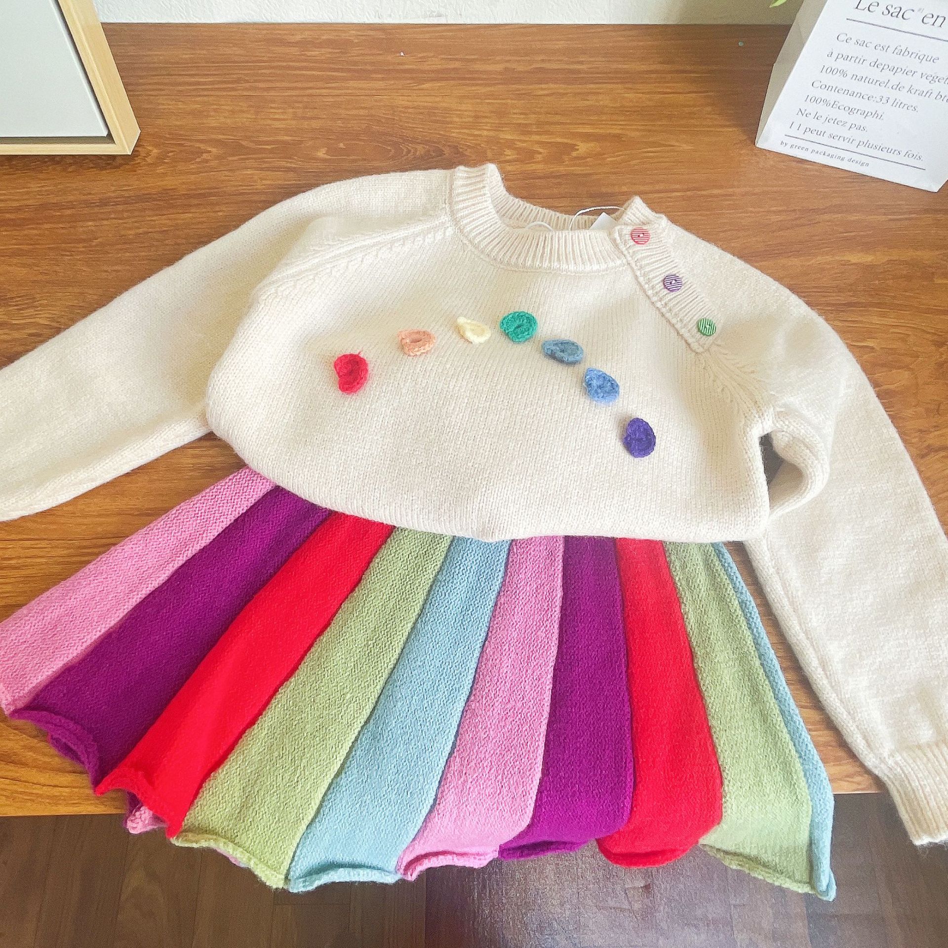 Ancorelala Winter New Girl's Set Cute Knitted Sweater with Rainbow Umbrella Skirt for Baby Girls