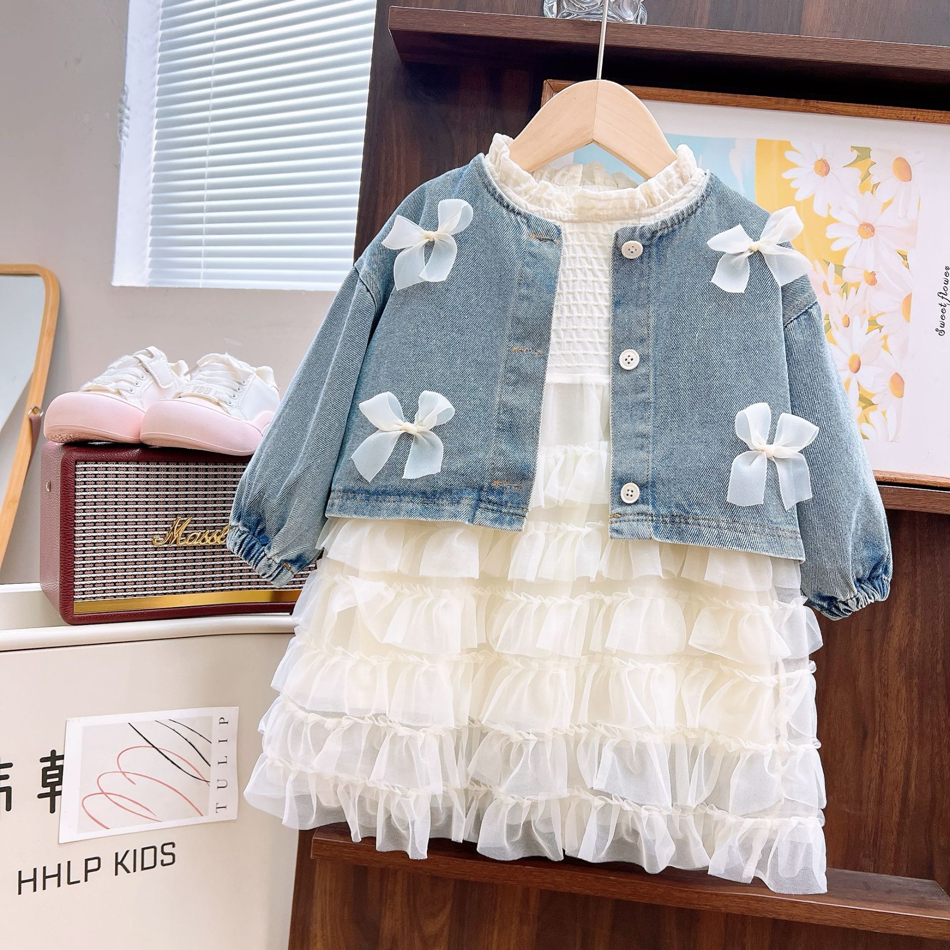 2025 New Girls' Spring Dress Set, Girls' Cowboy Jacket, Spring Elegance, Baby Girls' Princess Skirt