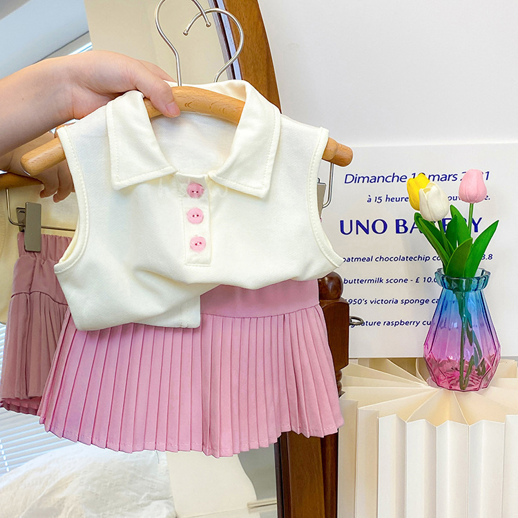 24028 Girl 2024 Cute Summer Two Piece Set with Collar Sleeveless Tank Top and pleated Skirt Set