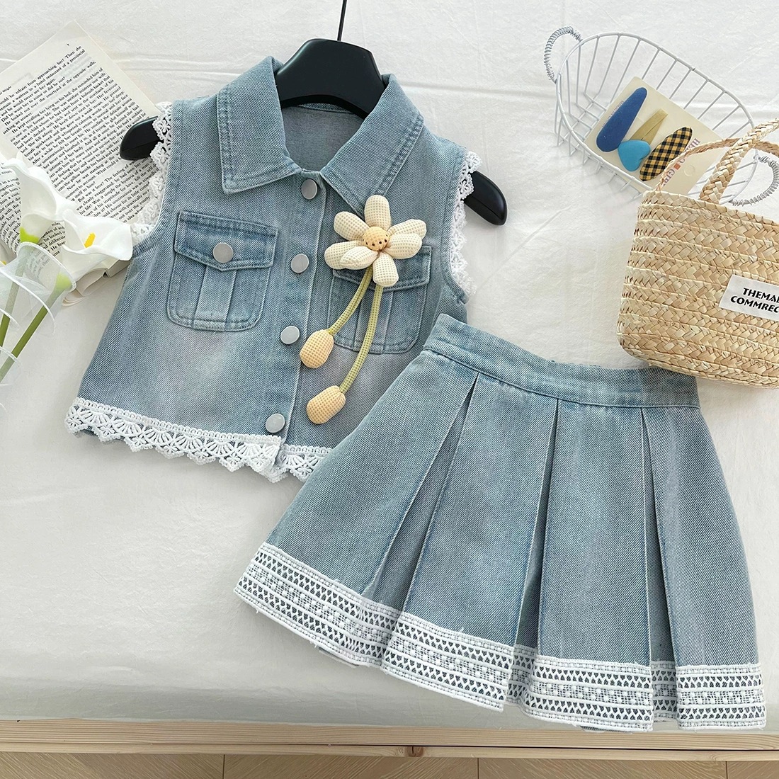 2025 New Baby Girl Summer Denim Set, Elegant Children's Lace Splicing Top and Skirt Set