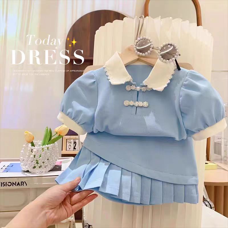 Ancorelala 2025 Spring and Summer New Women's Clothing and Baby Girls' Academy Style Polo Shirt and pleated skirt two-piece set