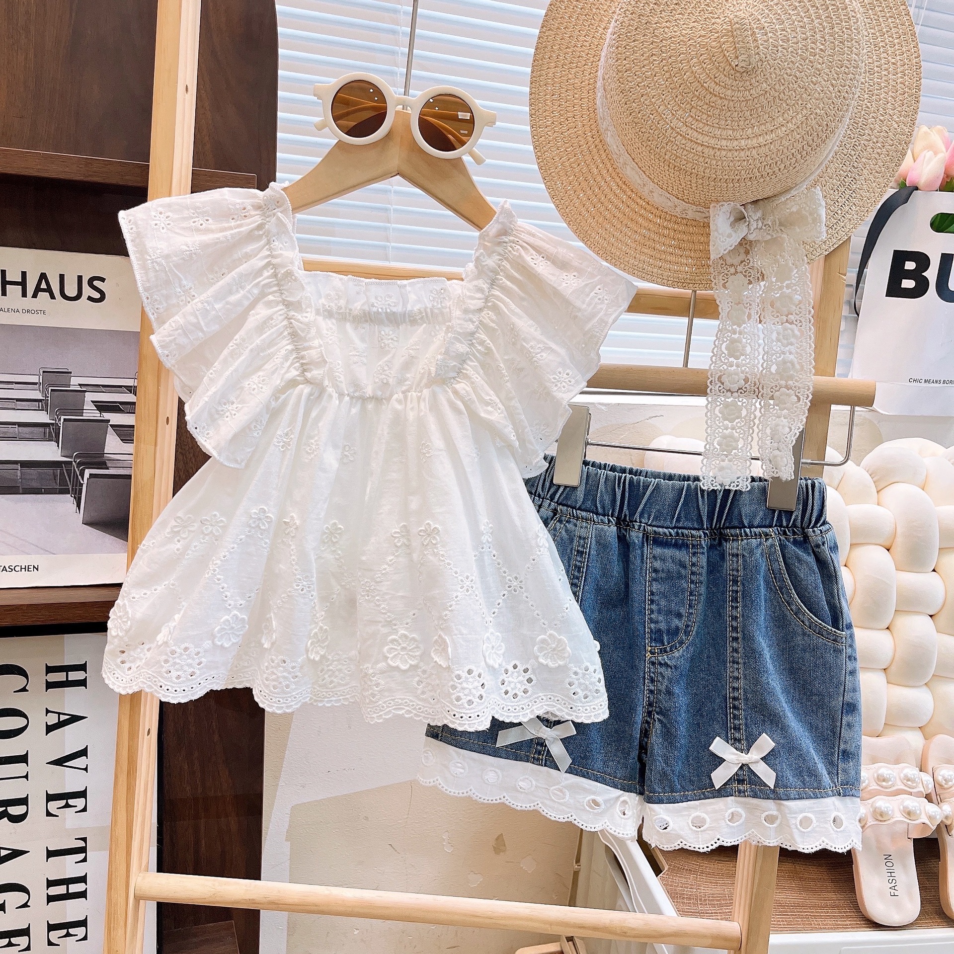 Ancorelala 2025 girls' summer new cute lace doll shirt top with denim shorts two-piece set