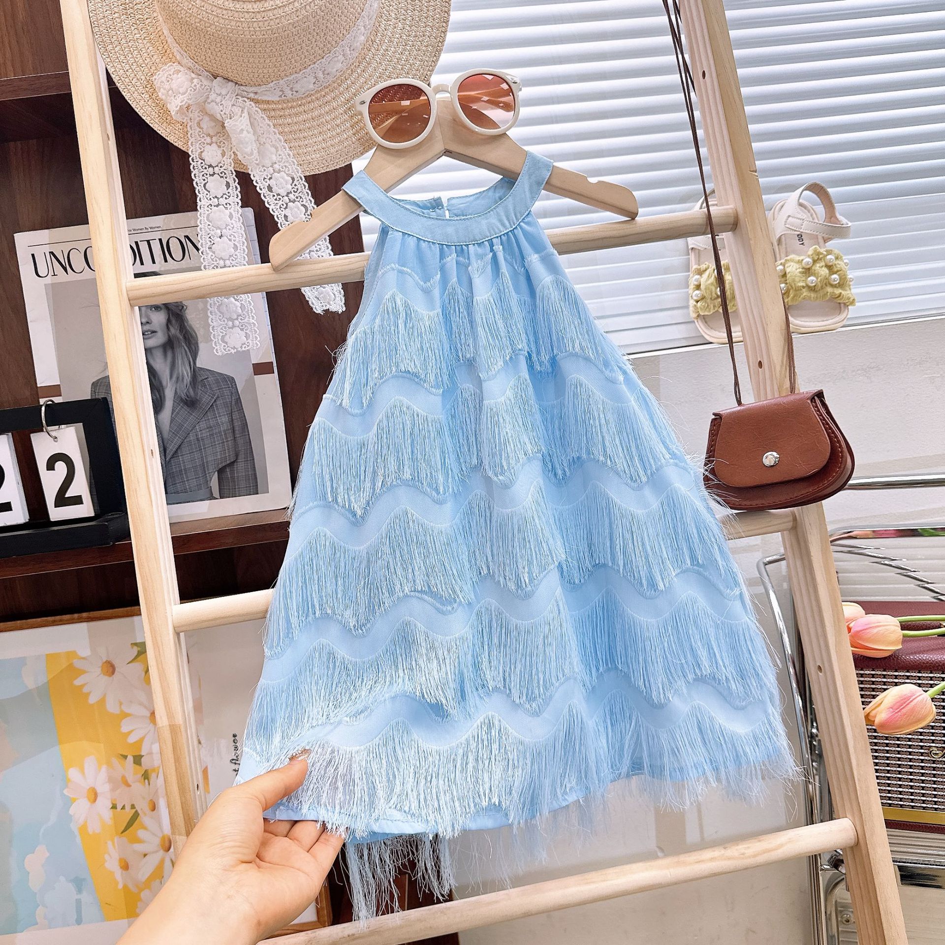 Ancorelala 2025 Summer New Girl's Hanging Neck Dress Princess Style Cute Tassel Dress