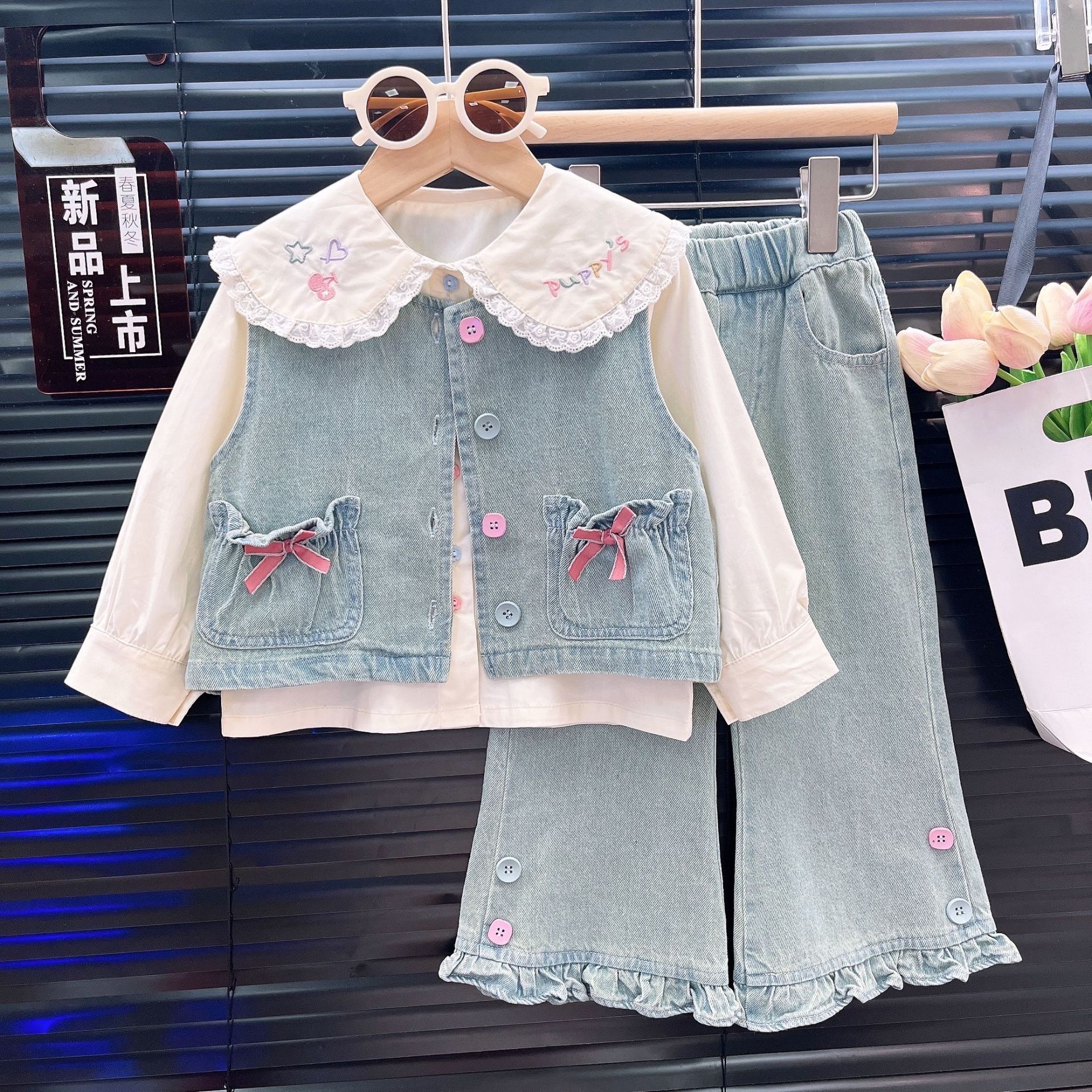 Girls' Cowboy Set Spring and Autumn 2025 New Style Baby Fashionable Spring Dress Korean Three Piece Set for Girls