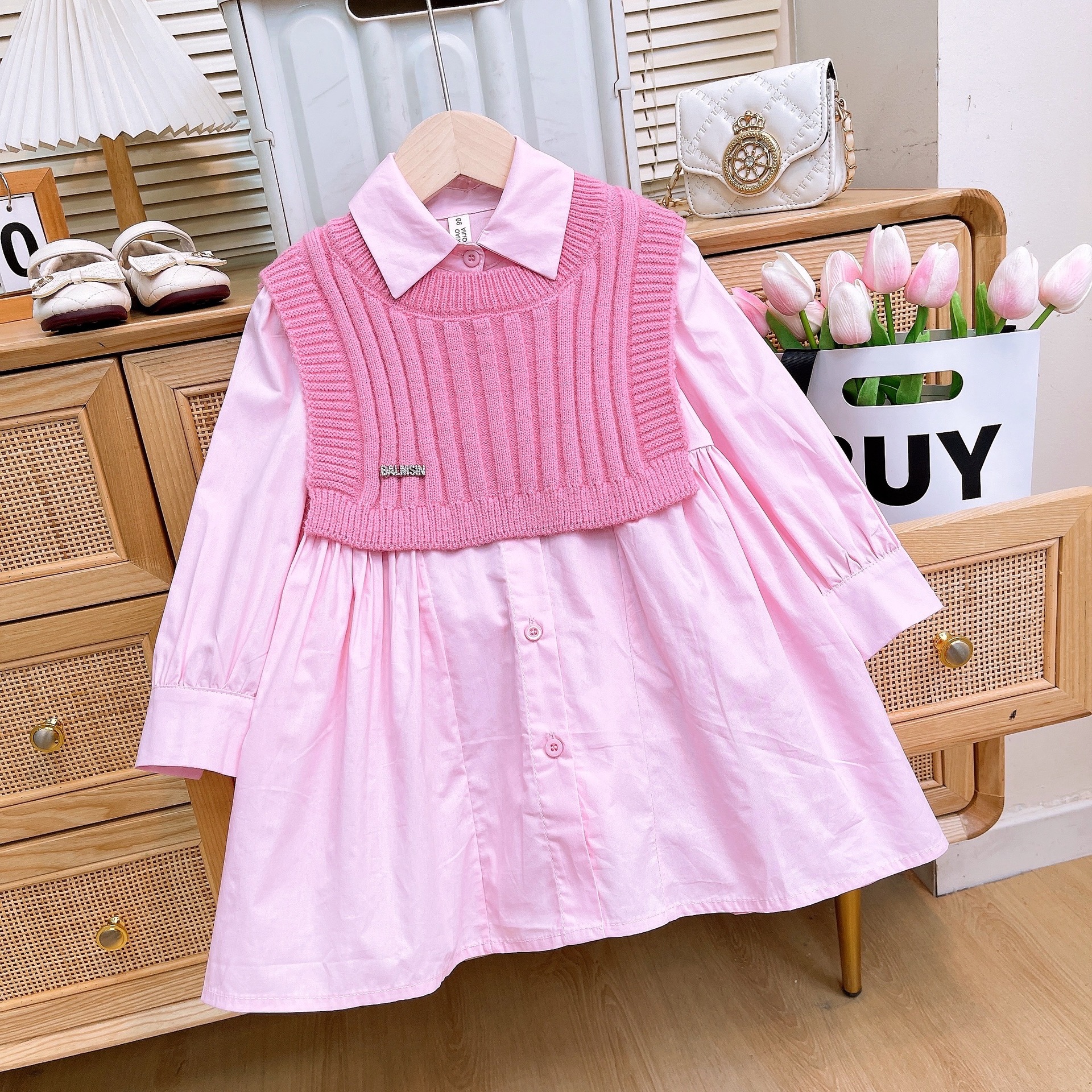 24080 Girls' 2024 Autumn and Winter New Children's Clothing Korean Edition Shirt Dress with Knitted Shirt Tank Top Two Piece Set
