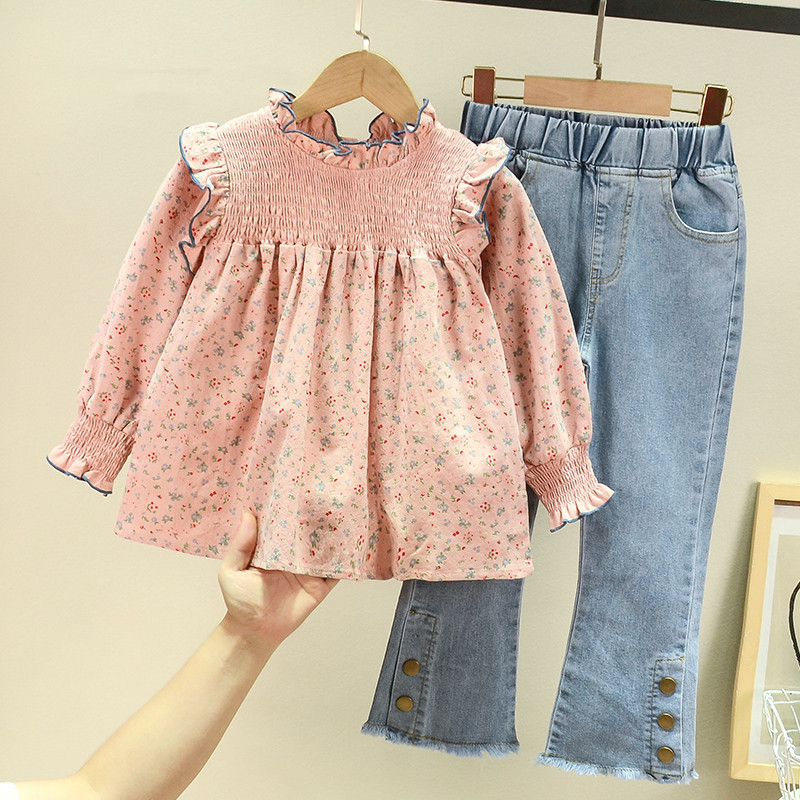 Ancorelala children's clothing 2024 autumn new item girls' floral cute doll shirt with denim bell bottom pants set