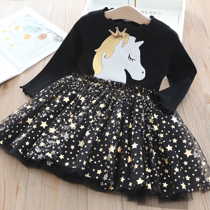 Ancorelala Autumn Girls' Dress Cartoon Long Sleeve Top Splicing Star Mesh Skirt Princess Skirt
