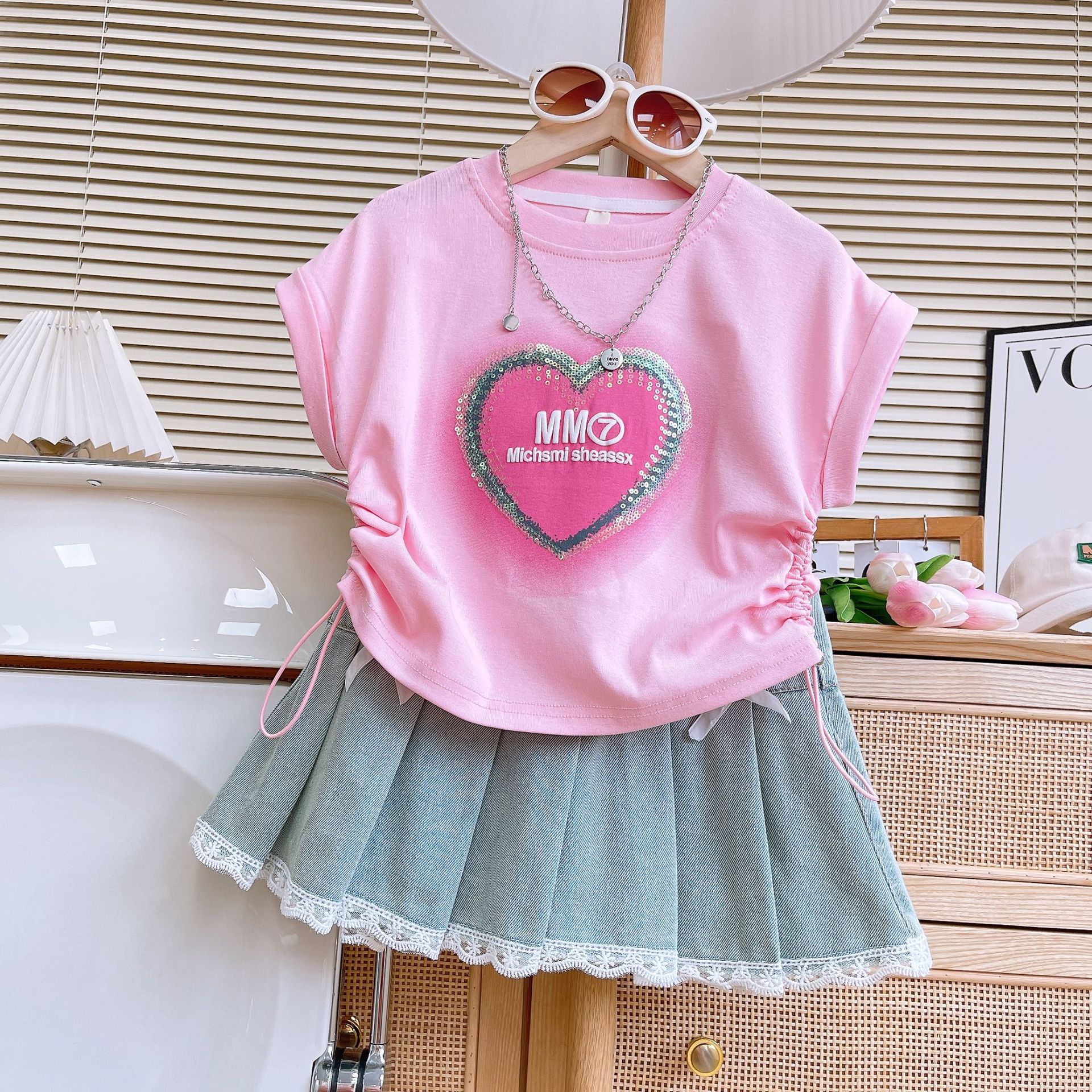 24054 Girls' Summer New Style Set Fashion Glitter Love Drawstring Short Sleeve Lace Denim Skirt Set
