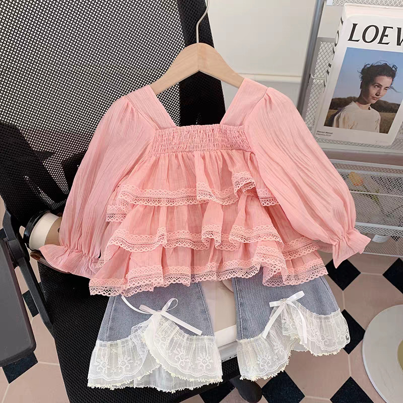 Girls' 2025 Autumn New Children's Clothing Cute Lace Top with Jeans Two Piece Set for Baby Girls' Elegant Children's Clothing