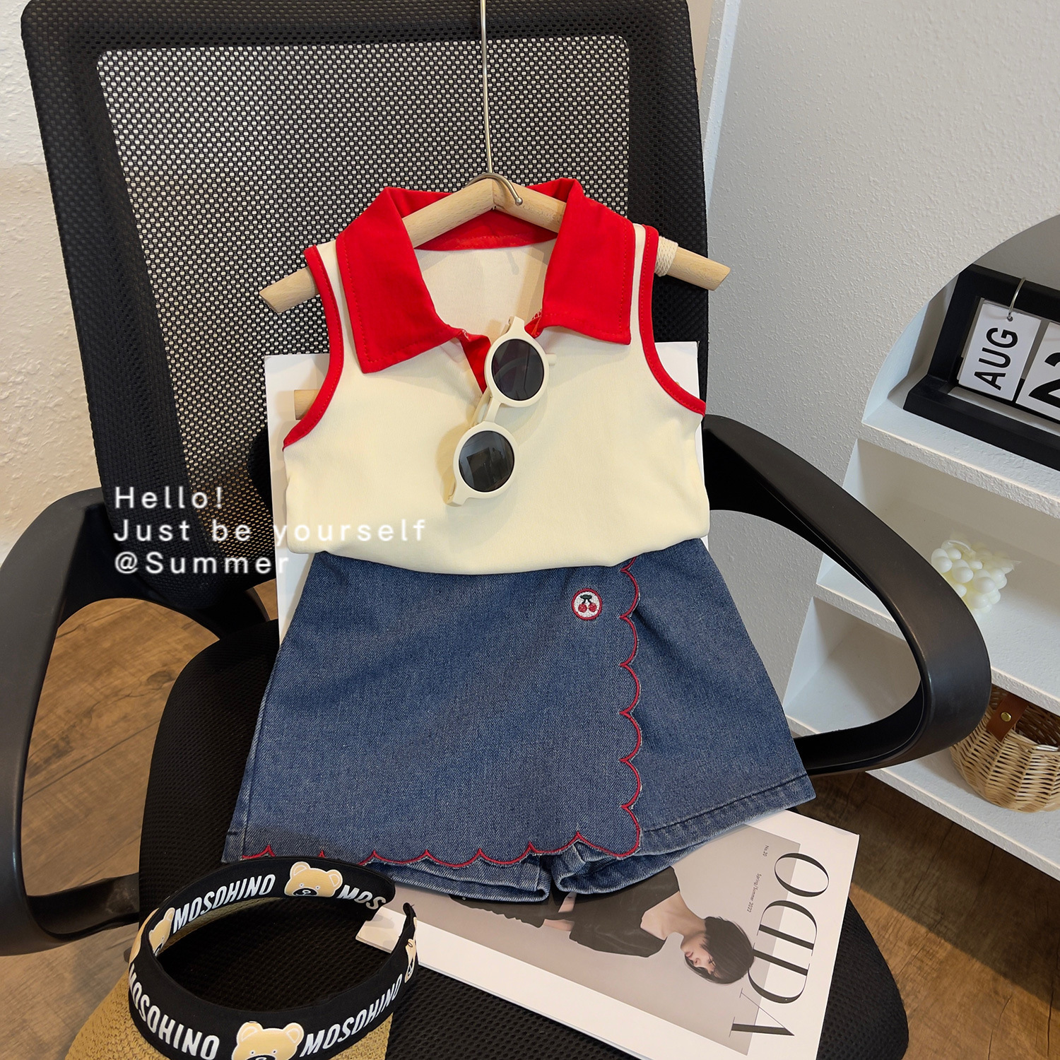 24030 cute summer two-piece set for girls, women's treasure fashion lapel vest top with lace embroidered jeans