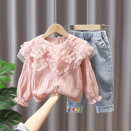2025 Encorelala autumn new children's clothing, cute baby girl, big collar lace top, jeans set
