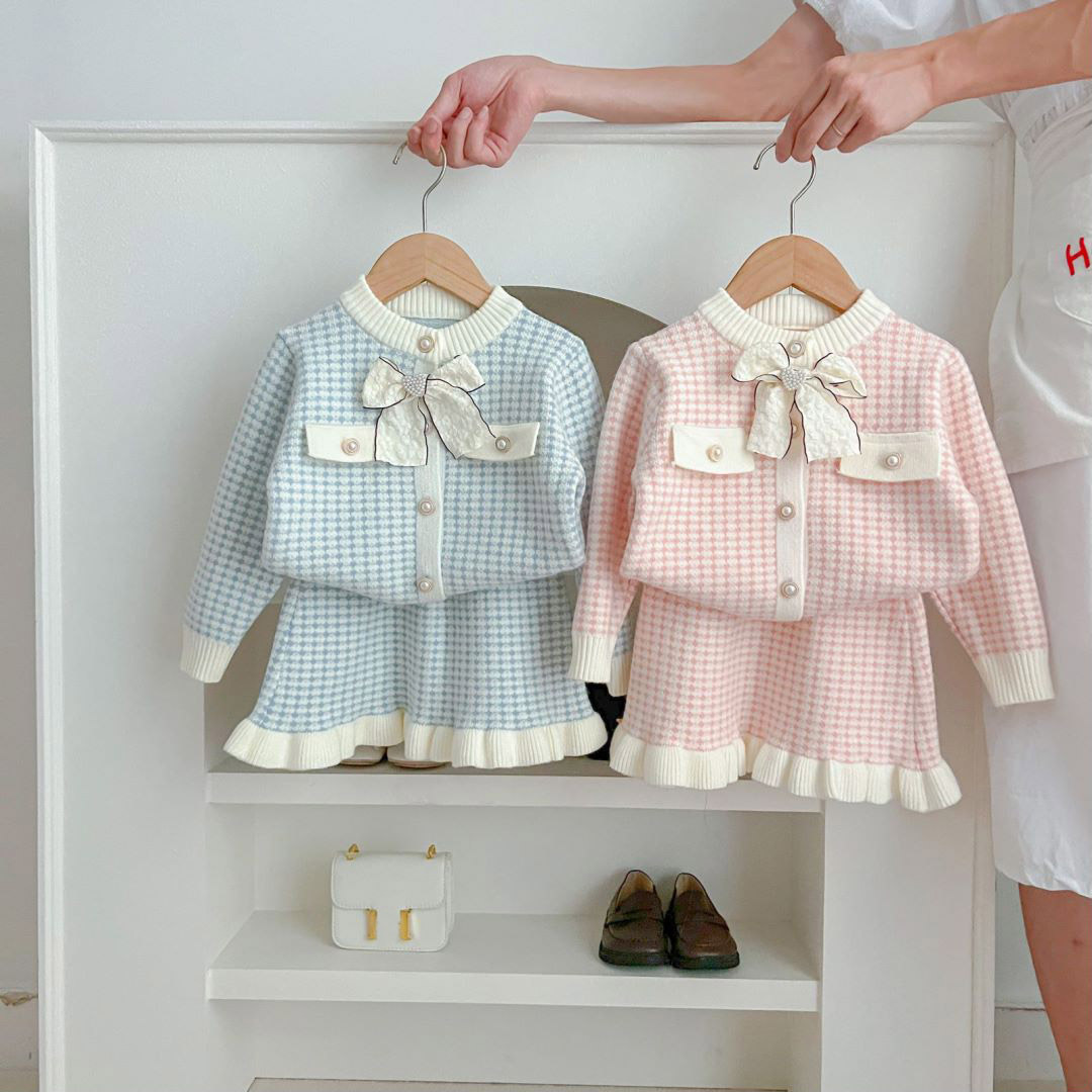 Autumn and winter new children's sweater dress, girls' small fragrance style knitted cardigan short skirt set, baby two-piece set, foreign trade